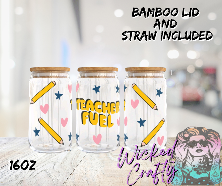 Teacher Fuel Can Shaped Glass with Lid and Straw