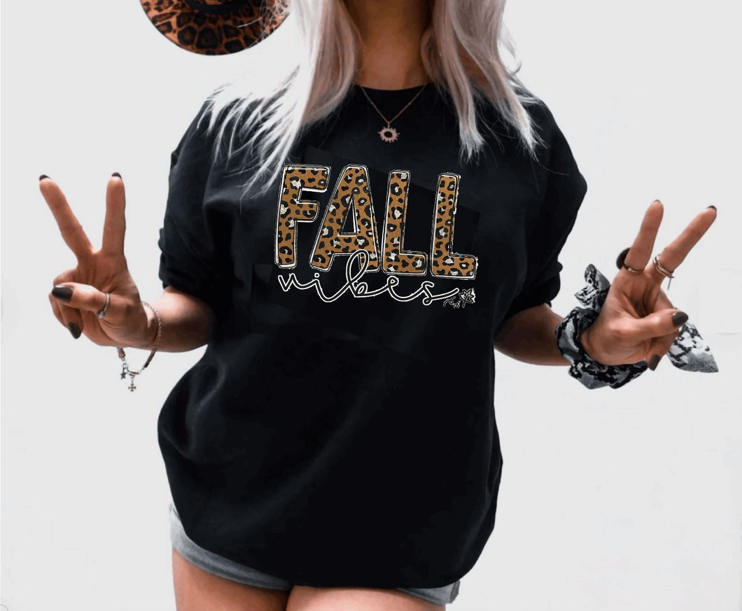 FALL VIBES Leopard print Black Crewneck Sweatshirt