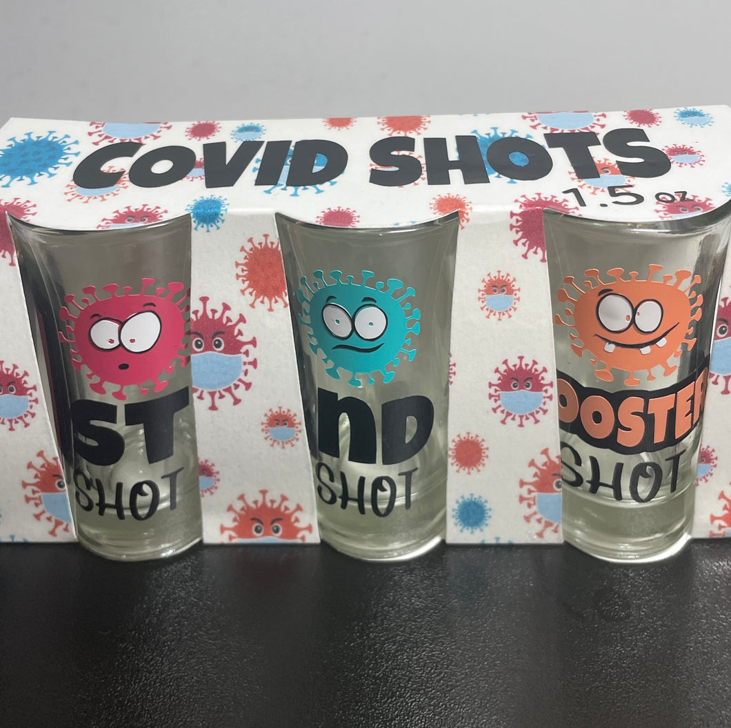 COVID SHOTS!! Set of three 1.5oz glass shot glasses